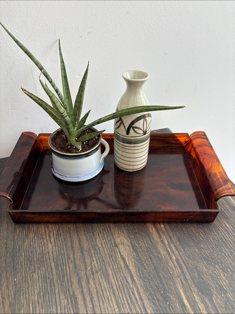 Vintage lucite faux tortoiseshell tray, handles, MCM,